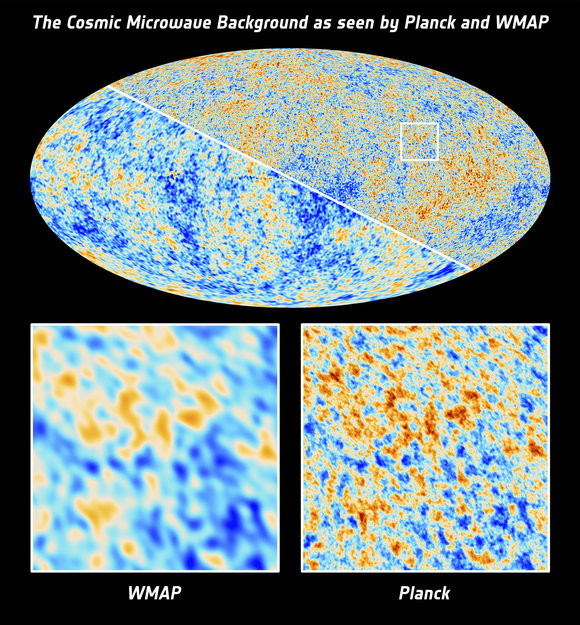 ESAs comparison of the previously accepted image of the CMB and the March 2013 one from the satellite.